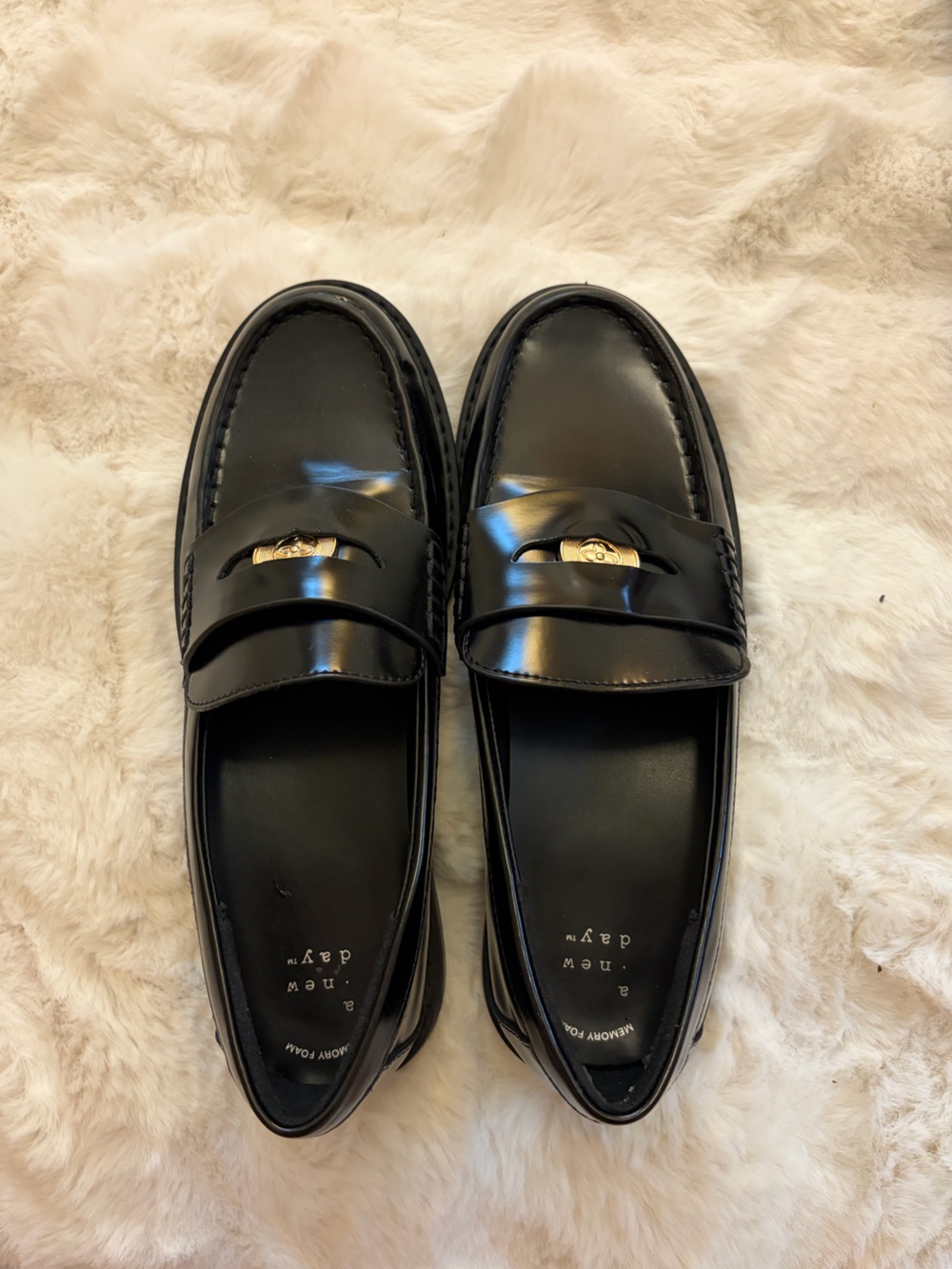 a new day Black Leather Slip-On Penny Loafers with Gold Accent